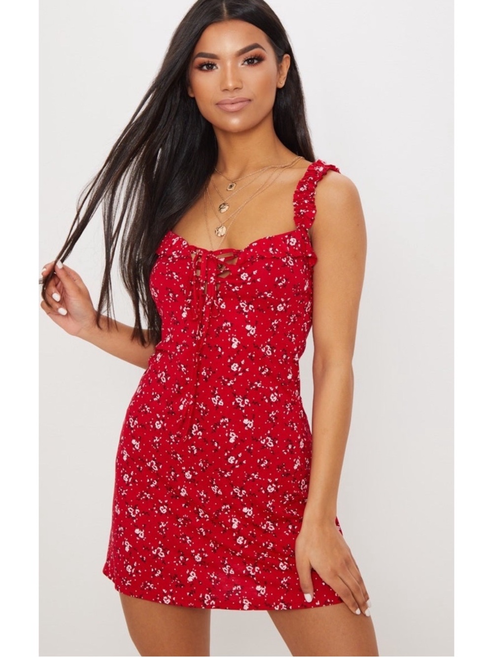 PrettyLittleThing Red Ditsy Floral Print Frill Detail Mini Dress